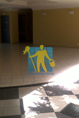 terrazzo tiles building entrance empty before cleaning dirty Sydney