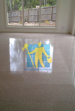terrazzo tiles dark squares empty bedroom large windows shadow Sydney