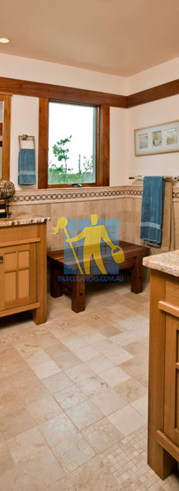 travertine tiles floor bathroom tumbled with mosaic corner wooden cabinets Sydney